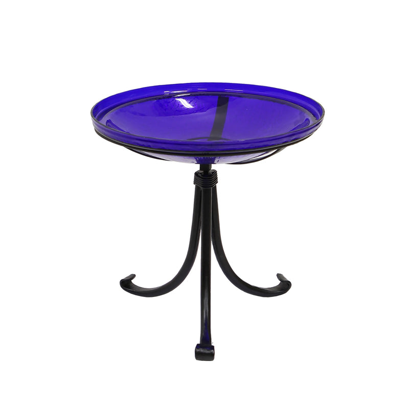 ACHLA Crackle Glass Birdbath with Tripod Stand | Cobalt Blue Glass and Black Wrought Iron | Small Garden & Tabletop Bird Bath | Model CGB-14CB-TR2