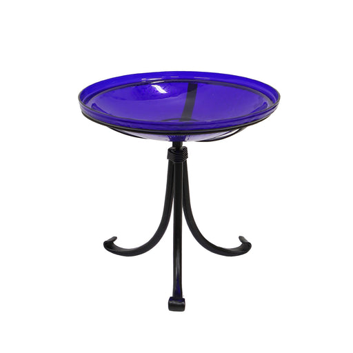 ACHLA Crackle Glass Birdbath with Tripod Stand | Cobalt Blue Glass and Black Wrought Iron | Small Garden & Tabletop Bird Bath | Model CGB-14CB-TR2