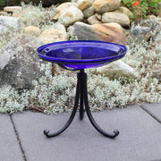 ACHLA Crackle Glass Birdbath with Tripod Stand | Cobalt Blue Glass and Black Wrought Iron | Small Garden & Tabletop Bird Bath | Model CGB-14CB-TR2