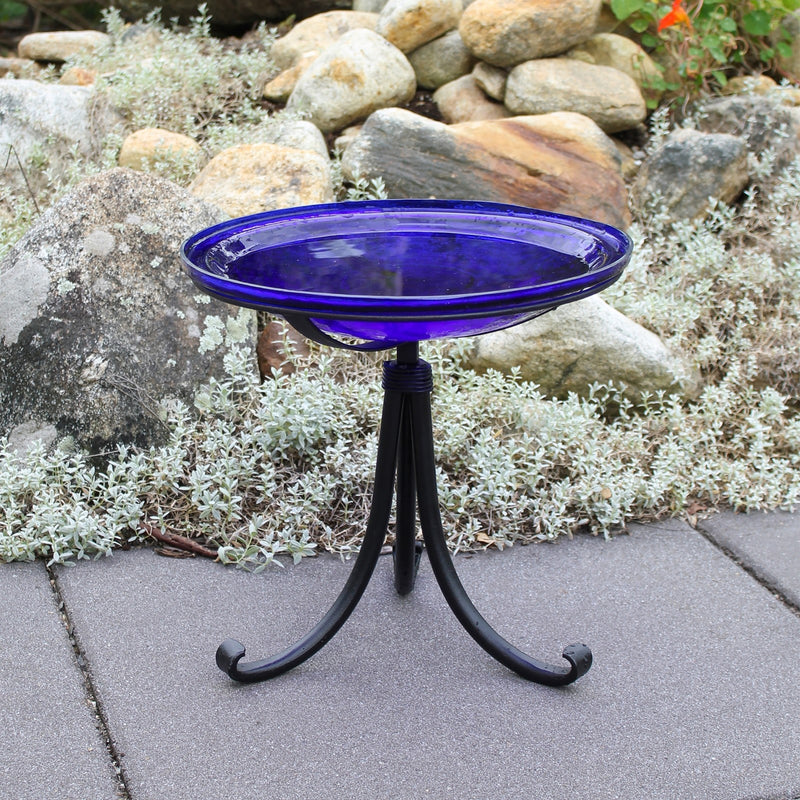 ACHLA Crackle Glass Birdbath with Tripod Stand | Cobalt Blue Glass and Black Wrought Iron | Small Garden & Tabletop Bird Bath | Model CGB-14CB-TR2