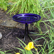 ACHLA Crackle Glass Birdbath with Tripod Stand | Cobalt Blue Glass and Black Wrought Iron | Small Garden & Tabletop Bird Bath | Model CGB-14CB-TR2