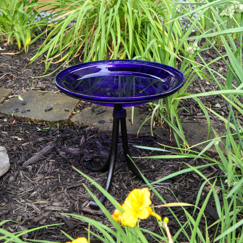 ACHLA Crackle Glass Birdbath with Tripod Stand | Cobalt Blue Glass and Black Wrought Iron | Small Garden & Tabletop Bird Bath | Model CGB-14CB-TR2