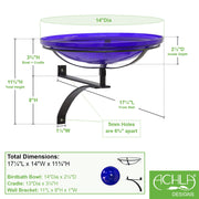 ACHLA Crackle Glass Birdbath with Wall Bracket | Cobalt Blue Hand-Blown Glass and Black Wrought Iron | Porch, Fence & Deck Bird | Model CGB-14CB-WM2