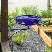ACHLA Crackle Glass Birdbath with Wall Bracket | Cobalt Blue Hand-Blown Glass and Black Wrought Iron | Porch, Fence & Deck Bird | Model CGB-14CB-WM2