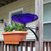 ACHLA Crackle Glass Birdbath with Wall Bracket | Cobalt Blue Hand-Blown Glass and Black Wrought Iron | Porch, Fence & Deck Bird | Model CGB-14CB-WM2