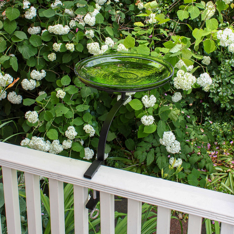 ACHLA 14in Crackle Glass Birdbath | Fern Green Hand-Blown Glass Bowl on Black Wrought Iron Rail Bracket | Deck & Balcony Bird Bath | Model CGB-14FG-RM
