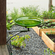 ACHLA Crackle Glass Birdbath with Wall Bracket | Fern Green Glass and Black Wrought Iron | Patio & Garden Bird Bath | Model CGB-14FG-WM2