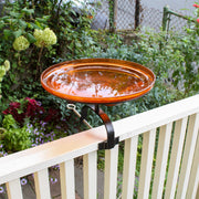 ACHLA Crackle Glass Birdbath with Over Rail Bracket | Mandarin Orange Hand-Blown Glass and Black Wrought Iron | Balcony, Porch & | Model CGB-14M-OR2