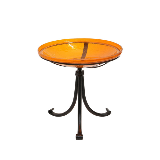 ACHLA Crackle Glass Birdbath | Mandarin Orange Glass Bowl on Black Wrought Iron Tripod Stand | Garden & Patio Accent | Model CGB-14M-TR2
