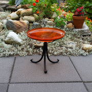 ACHLA Crackle Glass Birdbath | Mandarin Orange Glass Bowl on Black Wrought Iron Tripod Stand | Garden & Patio Accent | Model CGB-14M-TR2