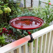 ACHLA Crackle Glass Birdbath with Over Rail Bracket | Hand-Blown Red Glass and Black Wrought Iron | Balcony & Deck Railing | Model CGB-14R-OR2