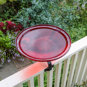 ACHLA Crackle Glass Birdbath with Over Rail Bracket | Hand-Blown Red Glass and Black Wrought Iron | Balcony & Deck Railing | Model CGB-14R-OR2