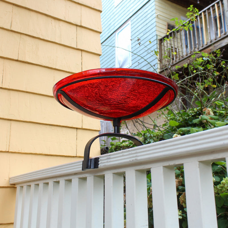 ACHLA Crackle Glass Birdbath with Over Rail Bracket | Hand-Blown Red Glass and Black Wrought Iron | Balcony & Deck Railing | Model CGB-14R-OR2