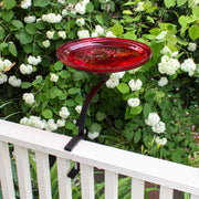 ACHLA 14in Crackle Glass Birdbath with Rail Mount Bracket | Red Hand-Blown Glass Bowl on Black Wrought Iron Cradle | Balcony & Deck | Model CGB-14R-RM