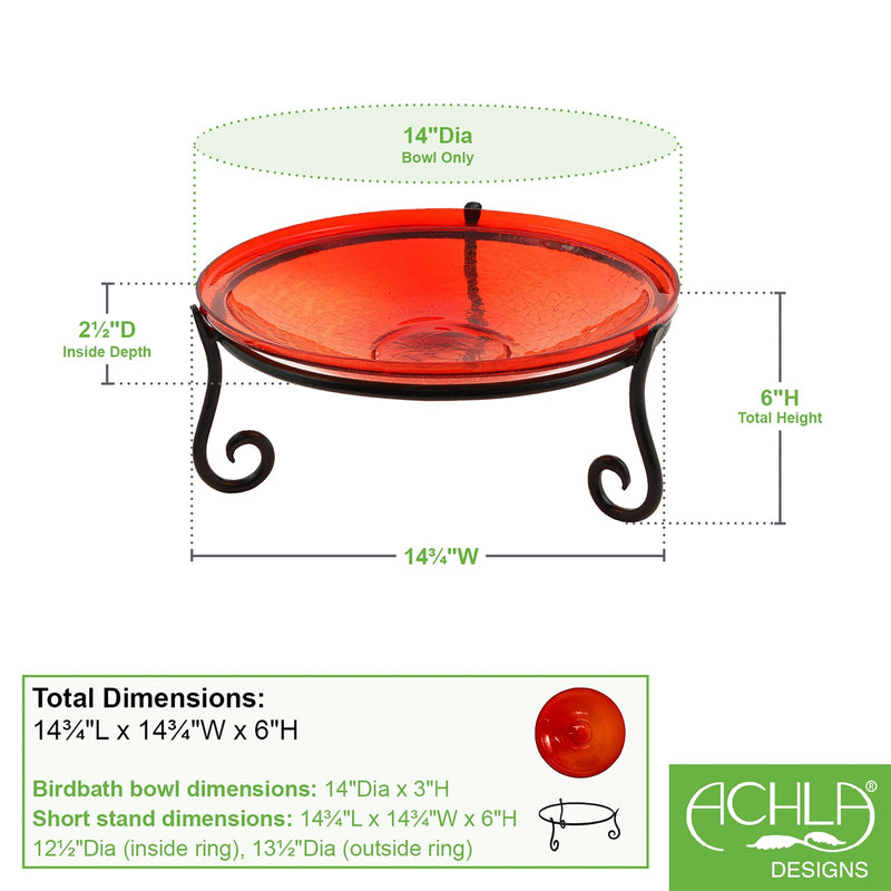 ACHLA 14in Crackle Glass Birdbath with Stand | Red Glass and Black Wrought Iron | Garden & Patio Accent | 14 x 14 x 6 in | Model CGB-14R-S2