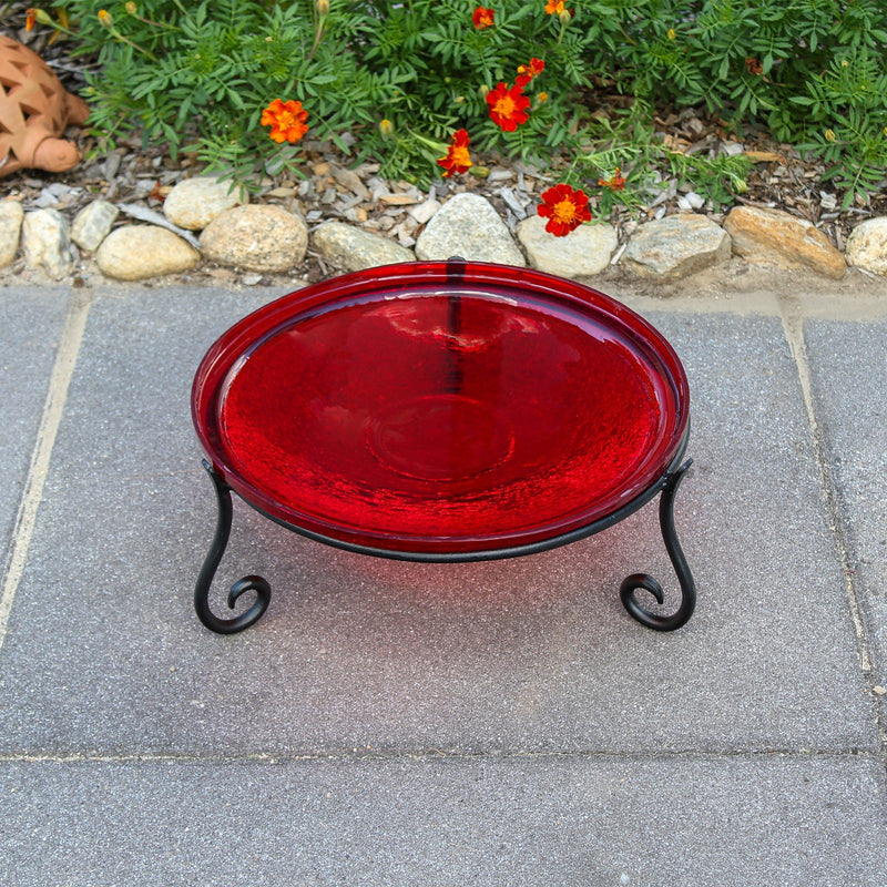 ACHLA 14in Crackle Glass Birdbath with Stand | Red Glass and Black Wrought Iron | Garden & Patio Accent | 14 x 14 x 6 in | Model CGB-14R-S2