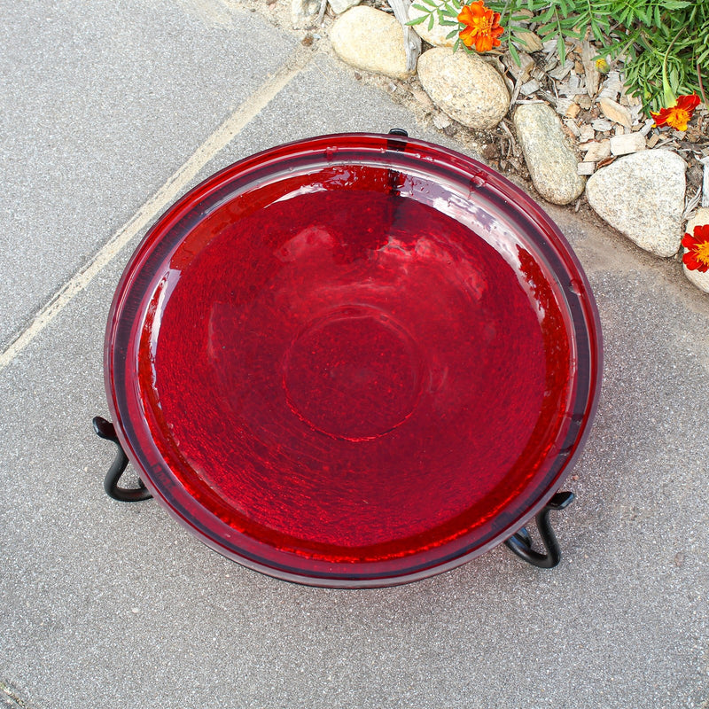 ACHLA 14in Crackle Glass Birdbath with Stand | Red Glass and Black Wrought Iron | Garden & Patio Accent | 14 x 14 x 6 in | Model CGB-14R-S2