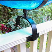 ACHLA Crackle Glass Birdbath with Over Rail Bracket | Teal Hand-Blown Glass and Black Wrought Iron | Deck & Balcony Bird Bath | Model CGB-14T-OR2