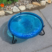 ACHLA 14in Crackle Glass Birdbath with Short Stand | Teal Blue Hand-Blown Glass and Black Wrought Iron | Garden & Patio Accent | Model CGB-14T-S2