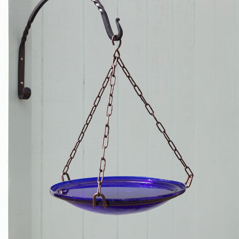 ACHLA Cobalt Blue Crackle Glass Hanging Birdbath Bowl 14in | Handcrafted Art Glass & Wrought Iron Chain | Garden Patio & Backyard | Model CGB-H-14CB