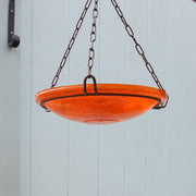 ACHLA Mandarin Crackle Glass 14in Hanging Birdbath | Hand-Blown Orange Glass and Black Wrought Iron | Garden & Patio Water Feature | Model CGB-H-14M