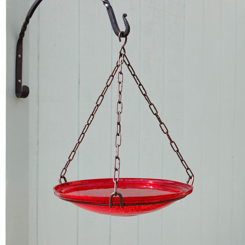 ACHLA CGB-H-14R 14in Hanging Red Crackle Glass Birdbath Bowl | Outdoor Garden & Patio Decorative Bowl | 13.75 x 13.75 x 17 in | Model CGB-H-14R