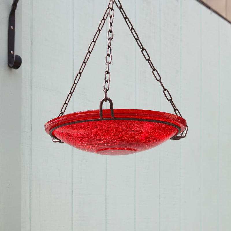 ACHLA CGB-H-14R 14in Hanging Red Crackle Glass Birdbath Bowl | Outdoor Garden & Patio Decorative Bowl | 13.75 x 13.75 x 17 in | Model CGB-H-14R