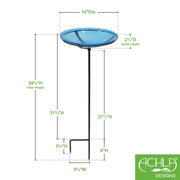 ACHLA Teal Crackle Glass Birdbath Bowl with Stand | Roman Bronze Metal Cradle | Outdoor Garden & Patio Decor | 14 in Dia x 2.5 in D | Model CGB-S-14T