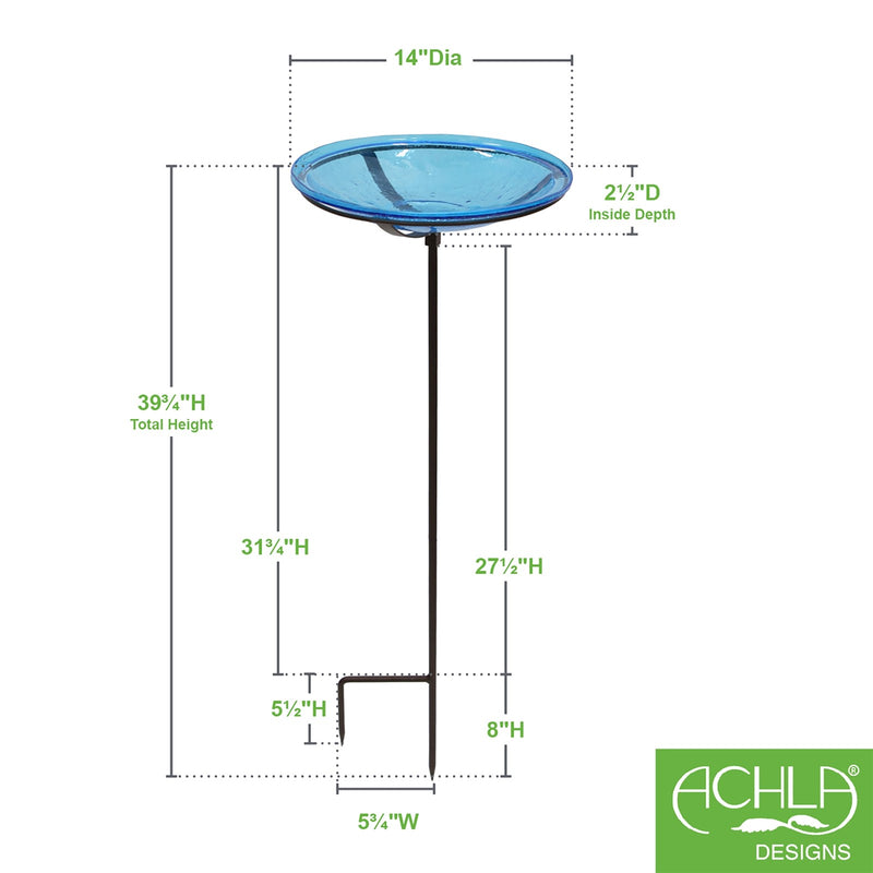 ACHLA Teal Crackle Glass Birdbath Bowl with Stand | Roman Bronze Metal Cradle | Outdoor Garden & Patio Decor | 14 in Dia x 2.5 in D | Model CGB-S-14T