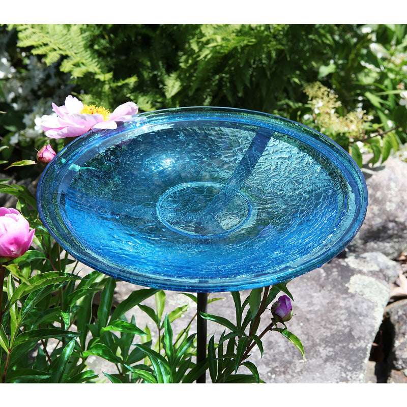 ACHLA Teal Crackle Glass Birdbath Bowl with Stand | Roman Bronze Metal Cradle | Outdoor Garden & Patio Decor | 14 in Dia x 2.5 in D | Model CGB-S-14T
