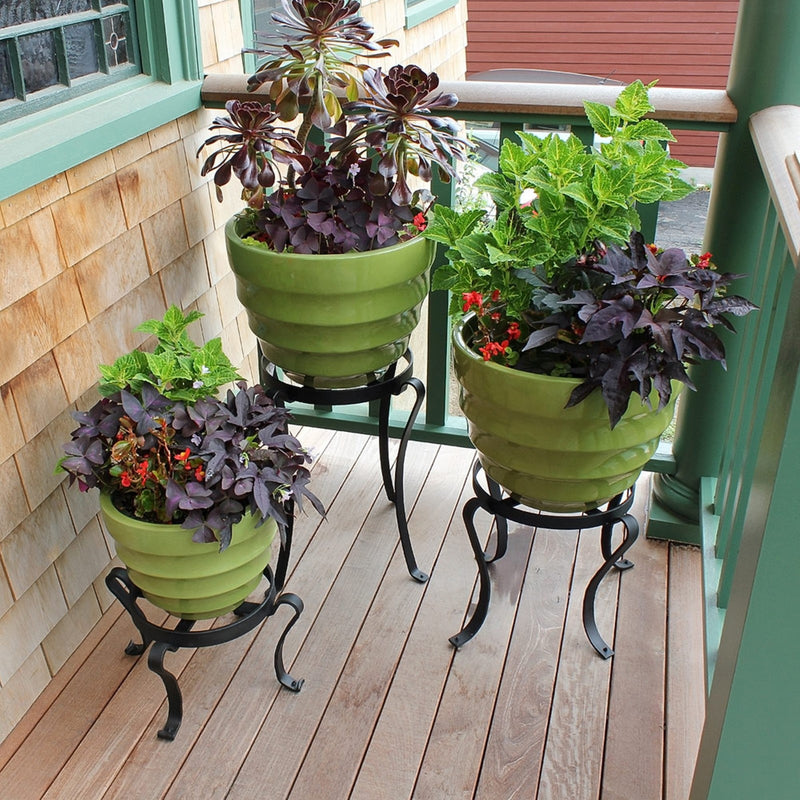 ACHLA Patio Flowerpot Stand I 10in Plant Stand | Black Wrought Iron with Curled Feet | Porch, Deck & Patio Display | 10 x 10 x 7.5 in | Model FB-01