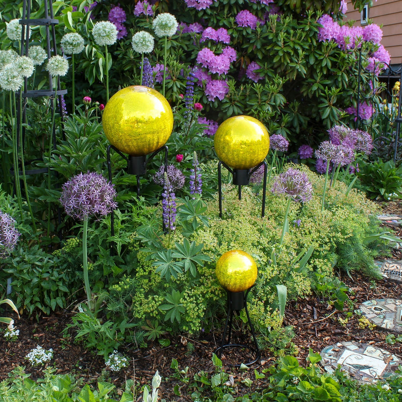 ACHLA Gazing Globe 10in Lemon Drop Crackle Glass | Hand-Blown Reflective Garden Sphere | Patio & Garden Accent | 10 x 10 x 12 in | Model G10-Y-C
