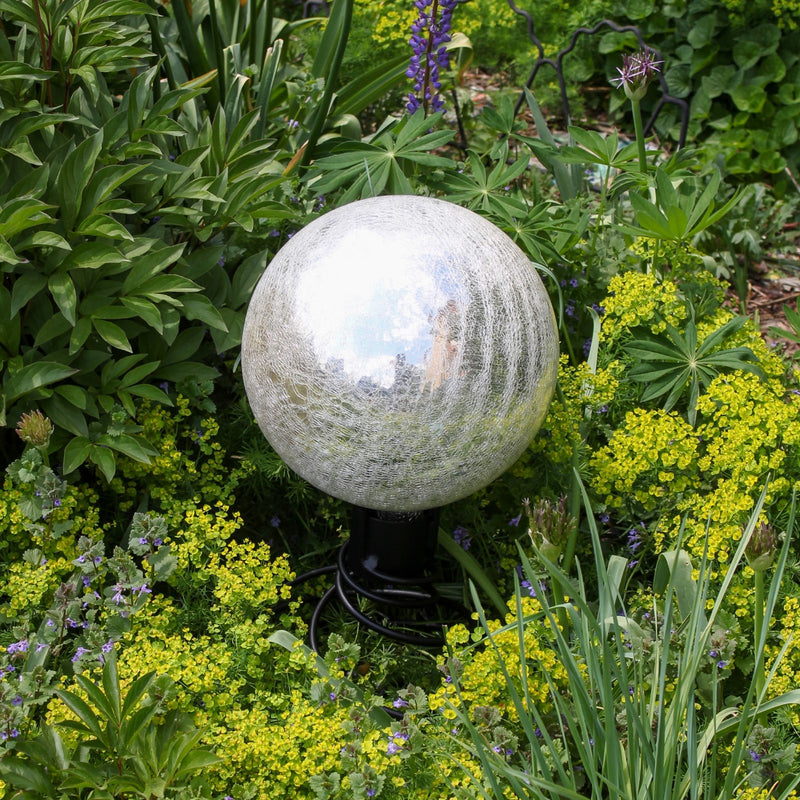 ACHLA 12in Gazing Globe | Silver Crackle Glass | Garden & Patio Accent | 12 x 12 x 14 in | Model G12-S-C