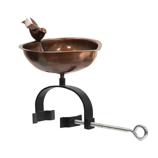 ACHLA Heart Shaped Birdbath Over Rail Bracket | Antique Copper Copper-Plated Stainless Steel Bowl and Black Wrought Iron Bracket | Model HBB-01-OR2