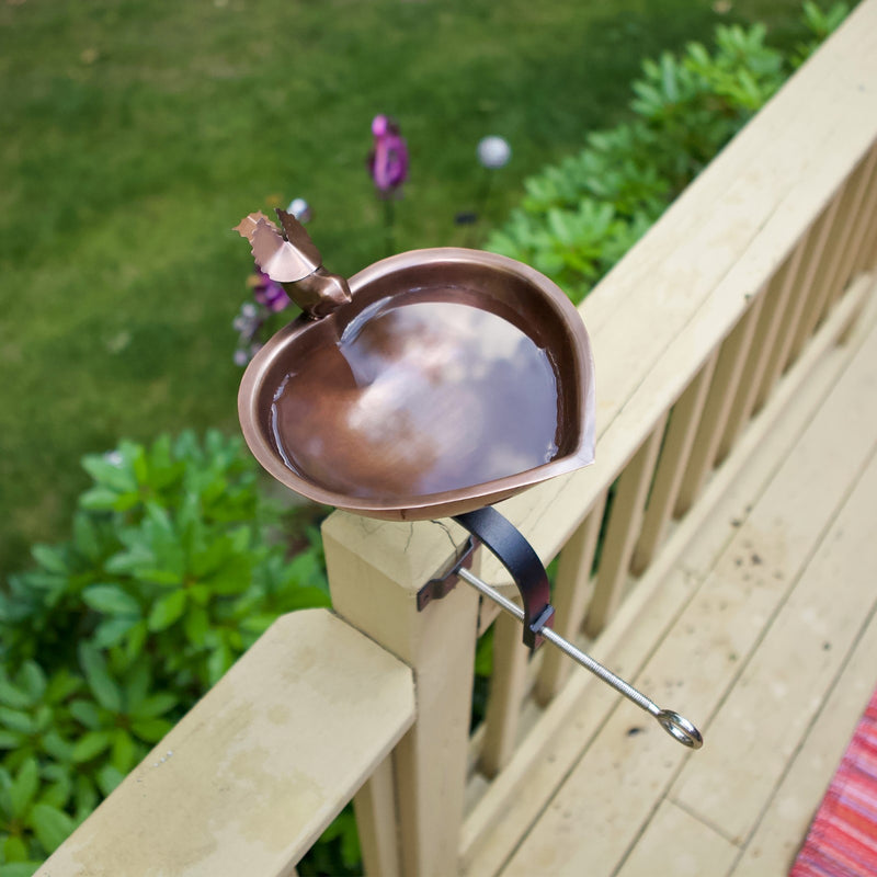 ACHLA Heart Shaped Birdbath Over Rail Bracket | Antique Copper Copper-Plated Stainless Steel Bowl and Black Wrought Iron Bracket | Model HBB-01-OR2