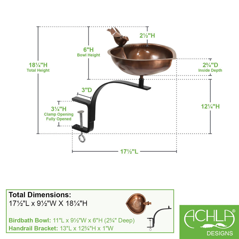 ACHLA Heart Shaped Birdbath with Rail Mount Bracket | Antique Copper Stainless Steel and Wrought Iron | Porch, Balcony & Deck | Model HBB-01-RM