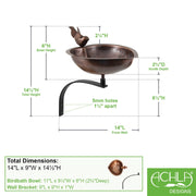 ACHLA Heart Shaped Birdbath with Wall Mount Bracket | Antique Copper Stainless Steel & Wrought Iron | Small Garden & Urban Patio | Model HBB-01-WM