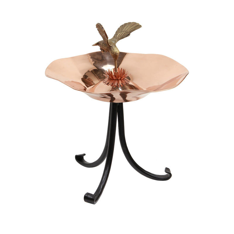 ACHLA Hummingbird Birdbath Tripod Stand | Polished Brass & Copper Flower-Shaped Bowl on Black Wrought Iron Base | Garden & Patio | Model HBBB-01-TR2