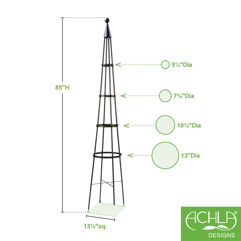 ACHLA Obelisk II 84in Garden Trellis | Wrought Iron Graphite Powder Coat | Outdoor Climbing Plant Support & Garden Decor | Model OBL-02