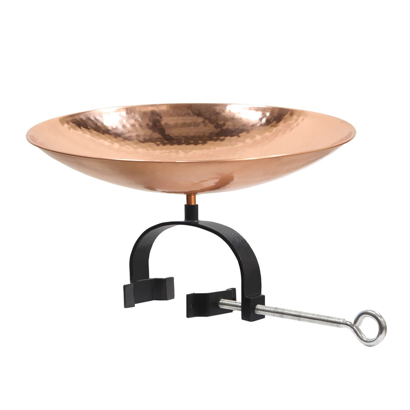 ACHLA Polished Copper Birdbath Over Rail Bracket | Hammered Copper Bowl on Black Wrought Iron | Deck, Porch & Balcony Bird Bath | Model PCB-01-OR2