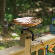 ACHLA Polished Copper Birdbath Over Rail Bracket | Hammered Copper Bowl on Black Wrought Iron | Deck, Porch & Balcony Bird Bath | Model PCB-01-OR2