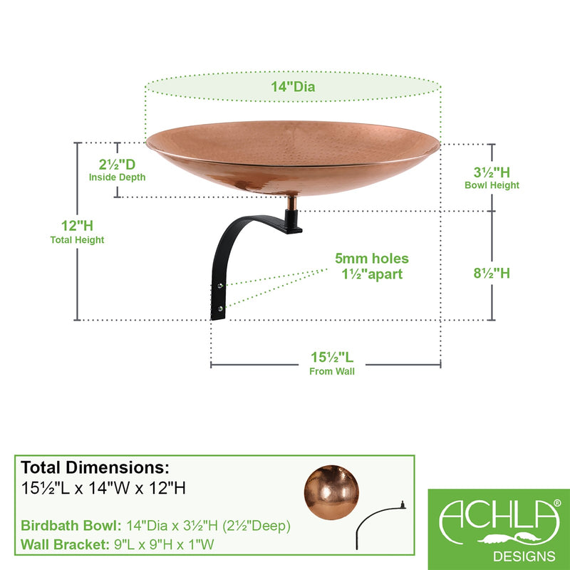 ACHLA Birdbath with Wall Mount Bracket | Hammered Copper Bowl on Black Wrought Iron | Patio & Garden Accent | 14in Diameter Bowl | Model PCB-01-WM