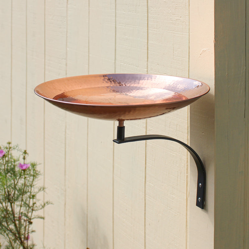 ACHLA Birdbath with Wall Mount Bracket | Hammered Copper Bowl on Black Wrought Iron | Patio & Garden Accent | 14in Diameter Bowl | Model PCB-01-WM
