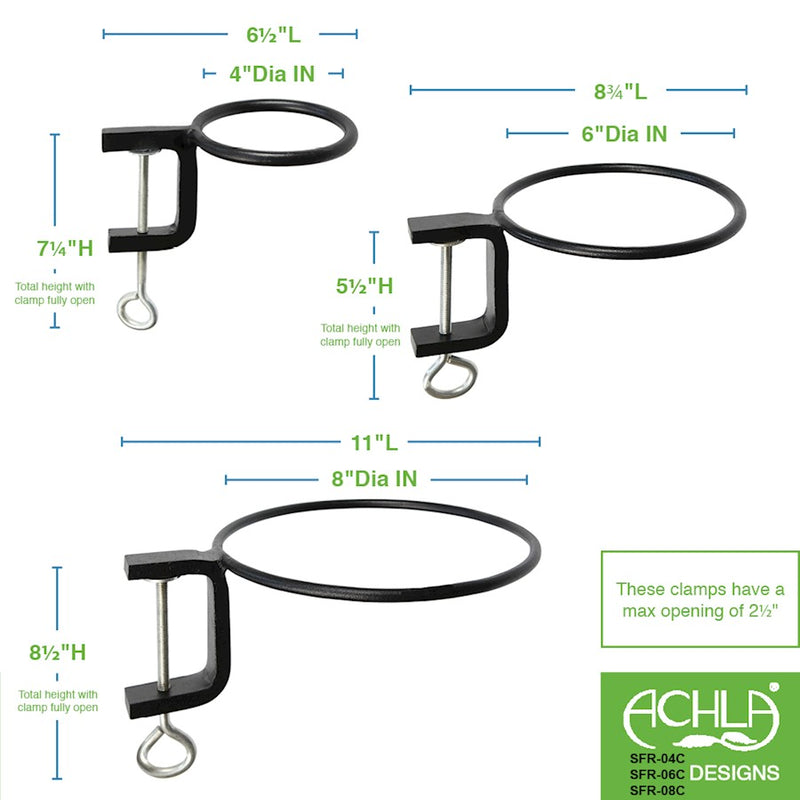 ACHLA 8in Clamp-On Flower Pot Ring 2-Pack | Black Powdercoat Wrought Iron | Porch, Balcony & Deck Railing Plant Bracket | Model SFR-08C-2