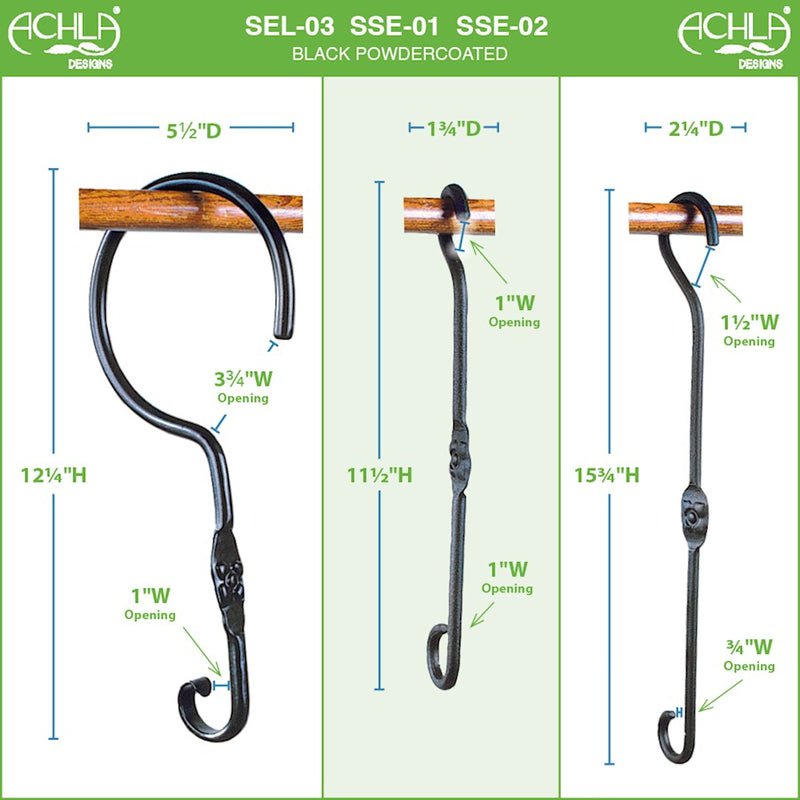 ACHLA 15in Extender Hook 2-Pack | Black Wrought Iron Powdercoat | Outdoor Plant & Birdfeeder Hanger | 15 x 2.125 x 0.5 in | Model SSE-02-2