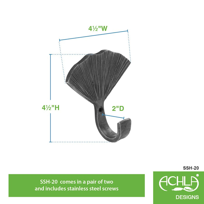 ACHLA Single Ginkgo Leaf Hook, Black Powdercoat