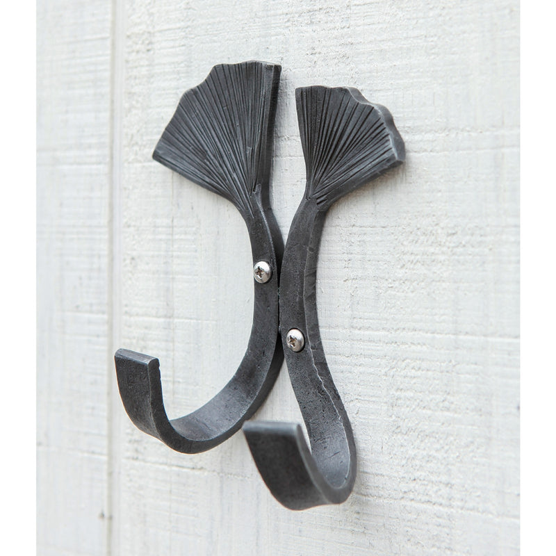 ACHLA Double Ginkgo Leaf Hook | Wrought Iron Black Powdercoat | Entryway & Mudroom Coat & Towel Organizer | 6.5 x 4.5 x 2.75 in | Model SSH-21