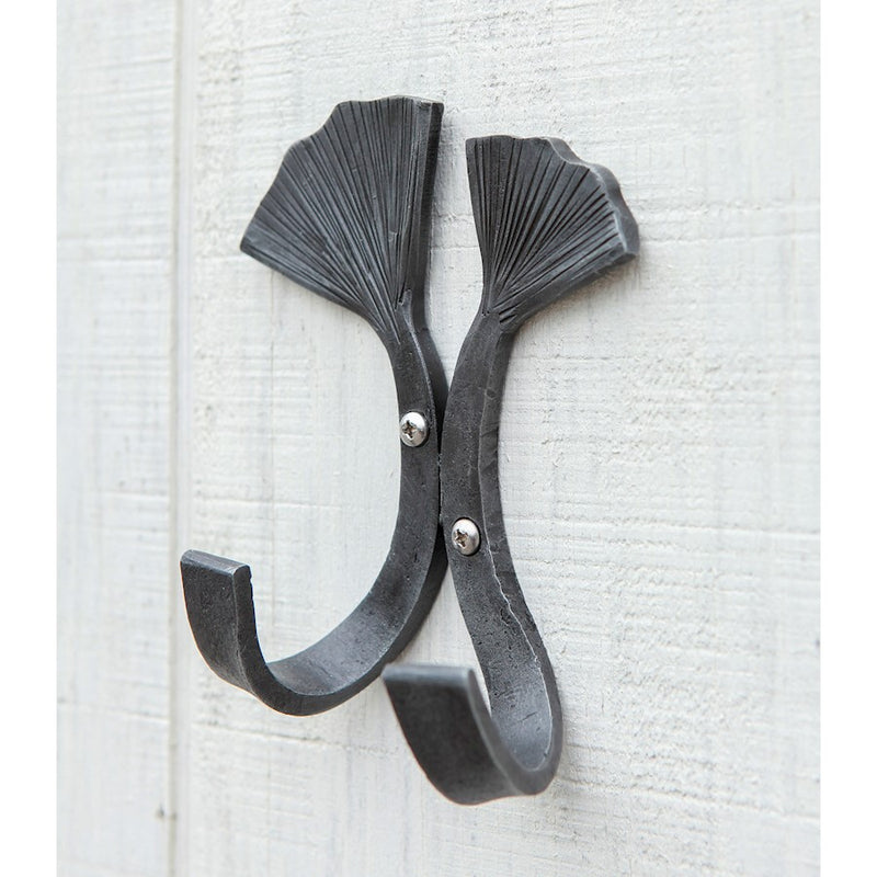 ACHLA Double Ginkgo Leaf Hook | Wrought Iron Black Powdercoat | Entryway & Mudroom Coat & Towel Organizer | 6.5 x 4.5 x 2.75 in | Model SSH-21