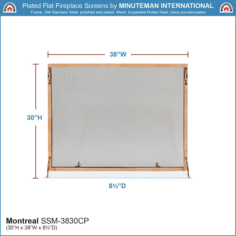 ACHLA Montreal 38x30in Flat Fireplace Screen | Polished Copper Wrought Iron Frame with Black Mesh | Living Room & Hearth Safety | Model SSM-3830CP