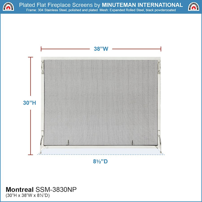 ACHLA Montreal 38x30in Flat Fireplace Screen | Polished Nickel Wrought Iron Frame with Black Mesh | Living Room & Hearth Safety | Model SSM-3830NP